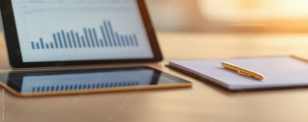 A tidy workspace featuring a tablet displaying graphs, alongside a notepad and pen, illuminated by warm sunlight. A tidy workspace featuring a tablet displaying graphs, alongside a notepad and pen, illuminated by warm sunlight.