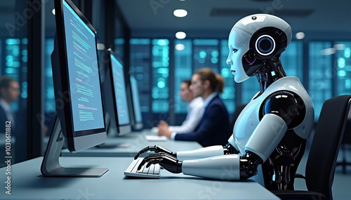 Robots with artificial intelligence operating computers in a contemporary office or data center. In the office, humans and a futuristic robot with artificial intelligence coexist. Business assistance 
