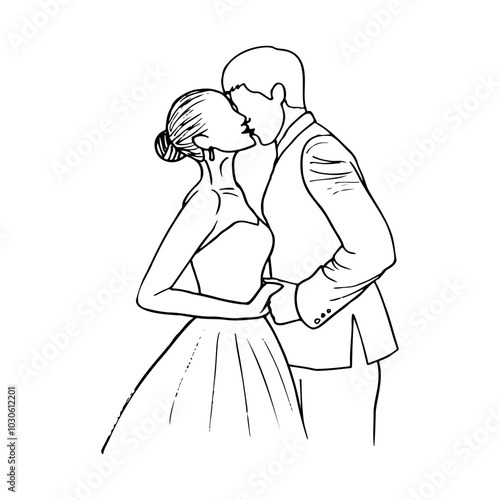 drawing couple kissing man and woman in profile, holding hands - hand drawn line sketch