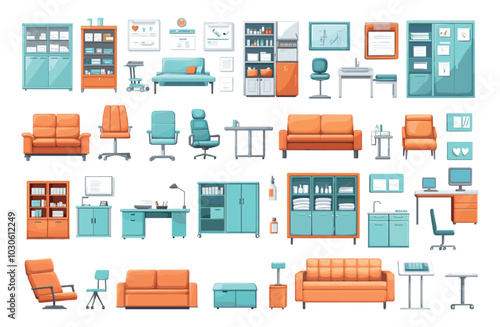 Doctor cabinet interior elements cartoon vector set. Sofa chair table plants pc posters folders computer medicine locker document hospital medical clinic stuff, isolated artworks on white background