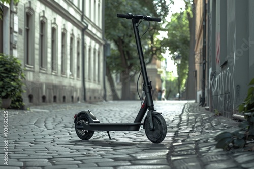 Black electric scooter is parked on a narrow cobblestone street, representing urban mobility and modern transportation solutions