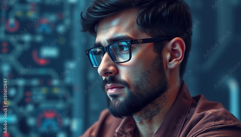 A contemplative young man with glasses studies complex data displayed on screens, immersed in innovative technology during the evening A contemplative young man with glasses studies complex data displayed on screens, immersed in innovative technology during the evening