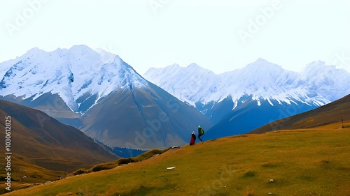 A mountain in the USA in autumn, with scenic snow-covered mountains in the background, tourists travel to enjoy nature and life concepts.