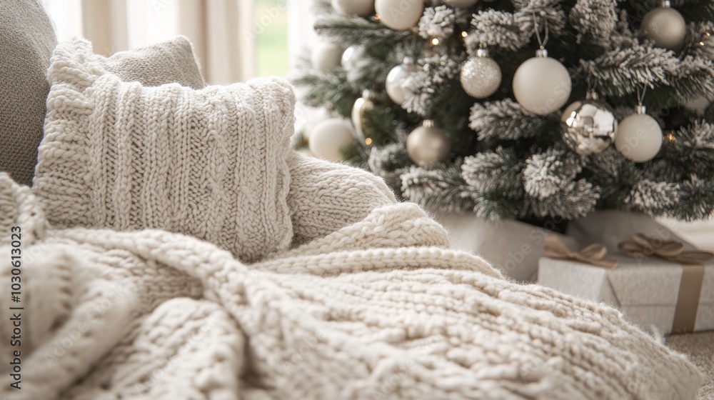 Cozy winter holiday scene with a decorated Christmas tree and soft blankets indoors Cozy winter holiday scene with a decorated Christmas tree and soft blankets indoors