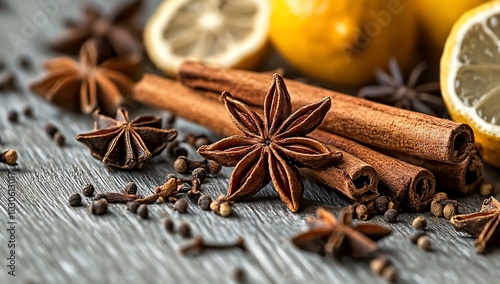 A collection of spices and lemons arranged on a wooden surface.