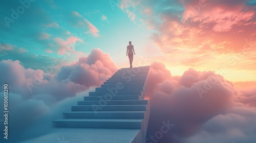 A person walking up minimalist stairs into a soft pastel sky, symbolizing growth and elevation. Person Walking Up Minimalist Stairs into Soft Clouds
