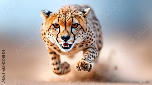 Powerful full body shot of a cheetah running at full speed in a professional studio setting with a neutral gray background capturing the feline s incredible agility grace and raw power photo