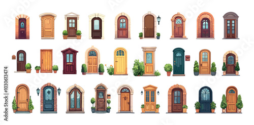 Door entrances cartoon vector set. Wooden metal brick walls handles glasses windows mailboxes bushes green plants, arched house gates vintage classical modern design isolated doorways illustrations