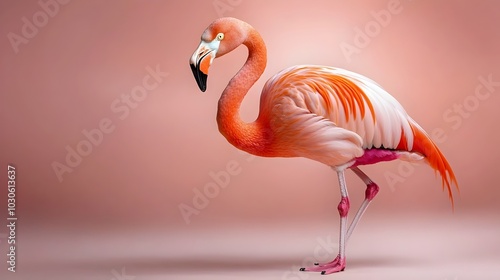 Close up portrait of a vibrant pink flamingo standing gracefully on one leg against a futuristic coral colored studio backdrop creating a clean and modern visual with a complementary color scheme photo