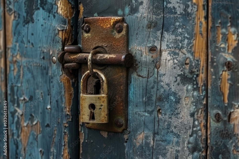 Old padlock securing a weathered blue door, evoking a sense of history, security, and rustic charm Old padlock securing a weathered blue door, evoking a sense of history, security, and rustic charm
