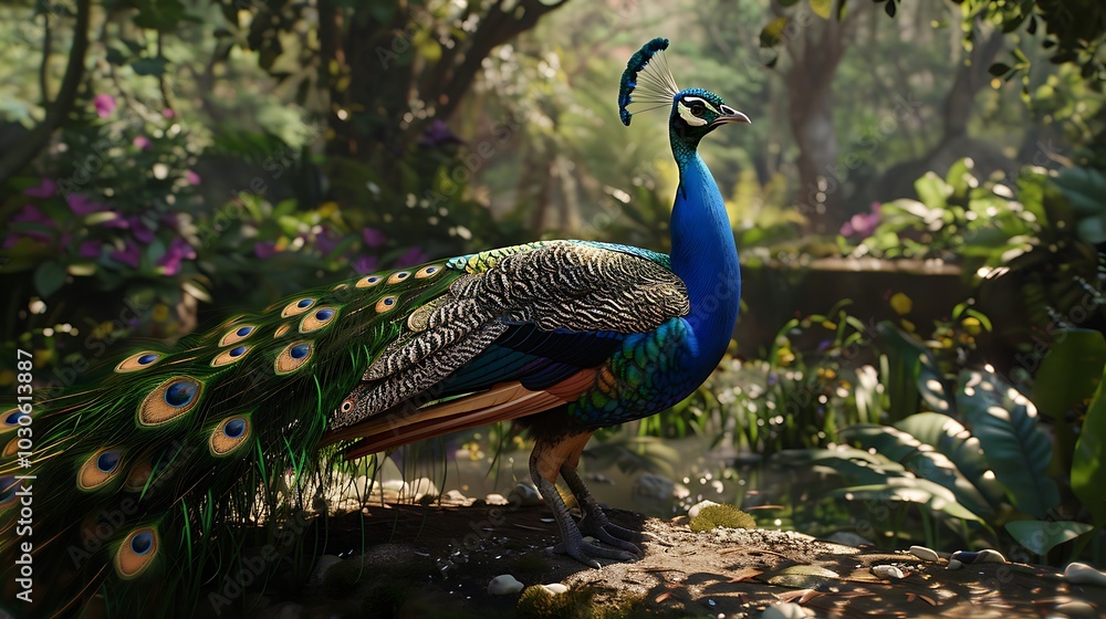 Obraz premium A vibrant peacock displaying it's magnificent plumage in a lush garden.