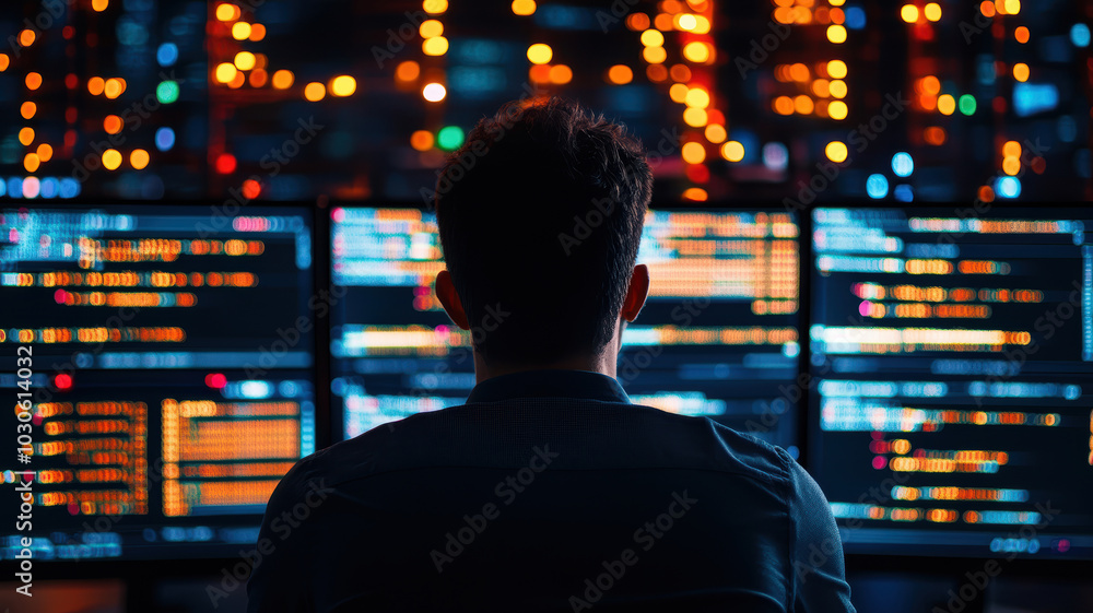 A man is sitting in front of a computer monitor with multiple screens. He is looking at the screens with a focused expression. Concept of concentration and productivity A man is sitting in front of a computer monitor with multiple screens. He is looking at the screens with a focused expression. Concept of concentration and productivity