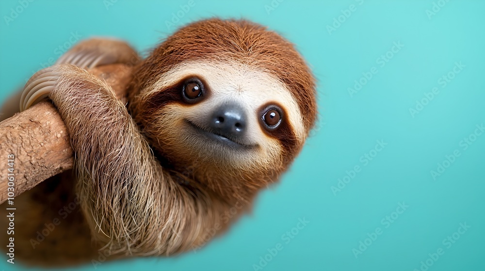 Fototapeta premium Relaxed and Peaceful Studio Shot of a Sloth Hanging from a Branch with Beige Background and Pastel Hues Capturing the Sloth s Calm and Tranquil Demeanor in a Minimalist Elegant Setting