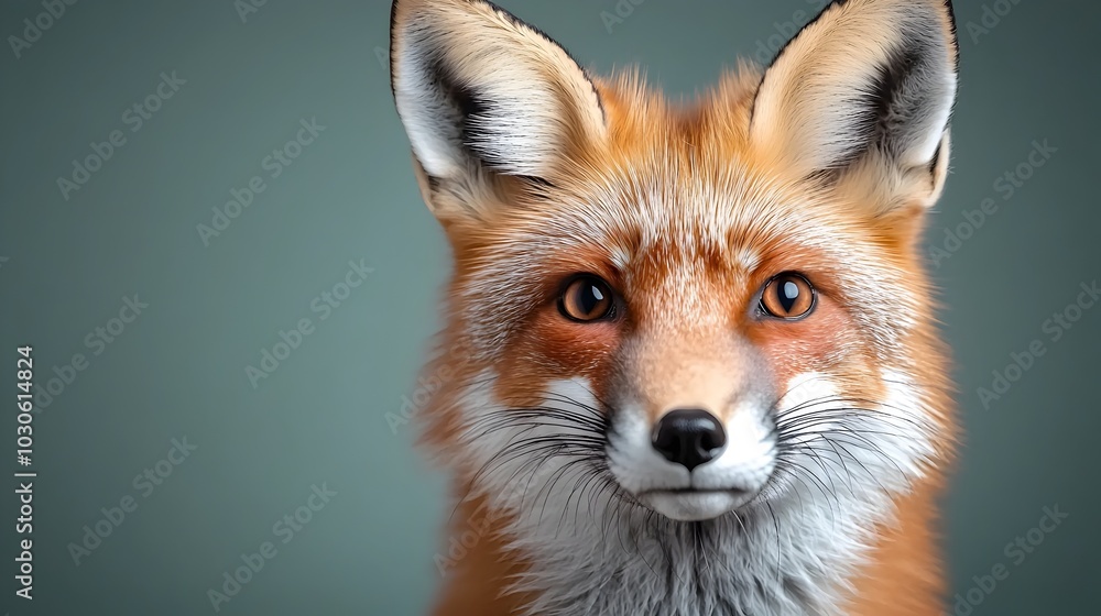 Fototapeta premium Captivating studio photograph showcasing a curious and alert red fox against a rich forest green background
