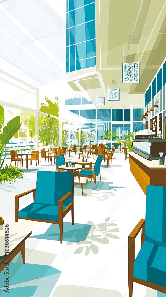 Fototapeta premium A modern cafe with large windows, tables and chairs, and a coffee bar in the background.