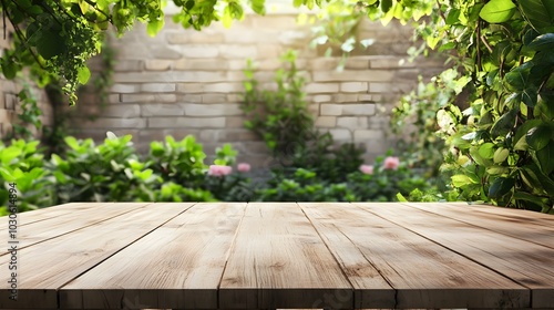 10. An empty outdoor patio with a wooden table and greenery in the background