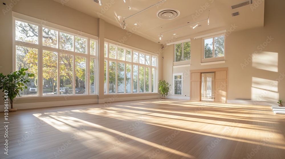 Bright, serene yoga studio with large windows overlooking a lush green forest during the day Bright, serene yoga studio with large windows overlooking a lush green forest during the day