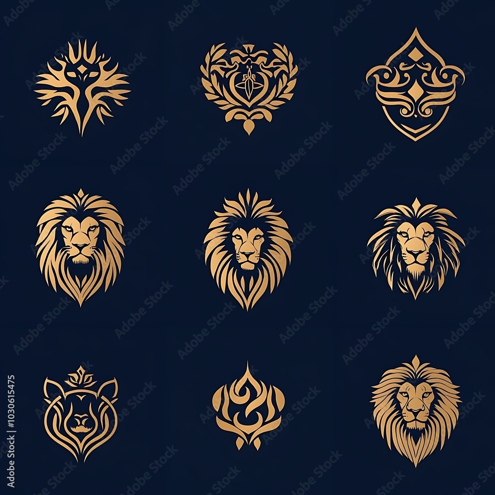 Elegant lion illustrations featured in bold logos with black backgrounds Elegant lion illustrations featured in bold logos with black backgrounds
