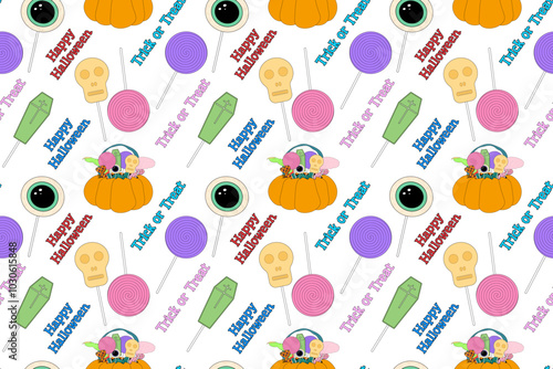 A seamless Halloween-themed pattern featuring a pumpkin basket filled with spooky candies, lollipops, and festive Happy Halloween text.