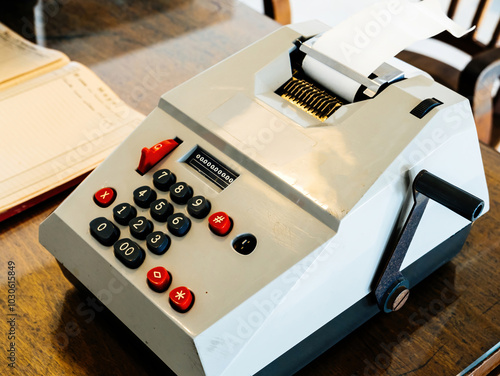 A vintage mechanical adding machine with a crank handle and numeric keypad sits on a wooden desk alongside accounting records, evoking retro office scenes