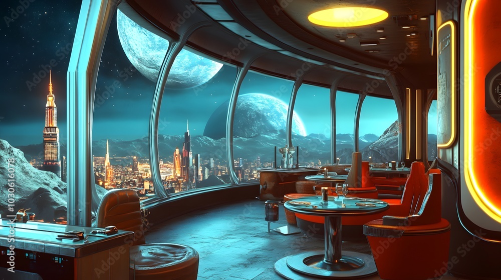 A retro-futuristic diner on the moon, with large windows overlooking a glowing neon city on a distant planet A retro-futuristic diner on the moon, with large windows overlooking a glowing neon city on a distant planet