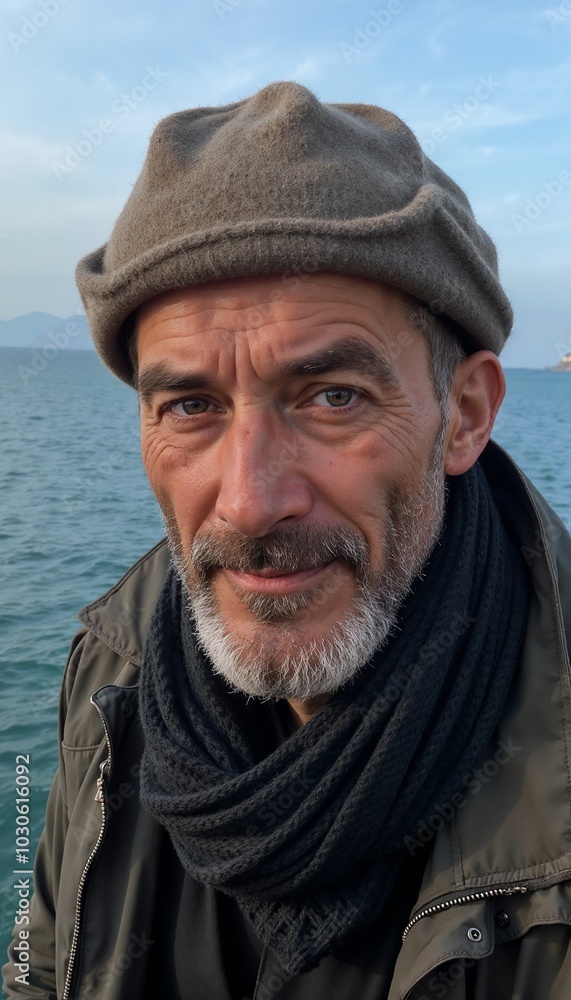 Mature man wearing a hat and scarf with a contemplative expression on the background of the sea
Mature man wearing a hat and scarf with a contemplative expression on the background of the sea