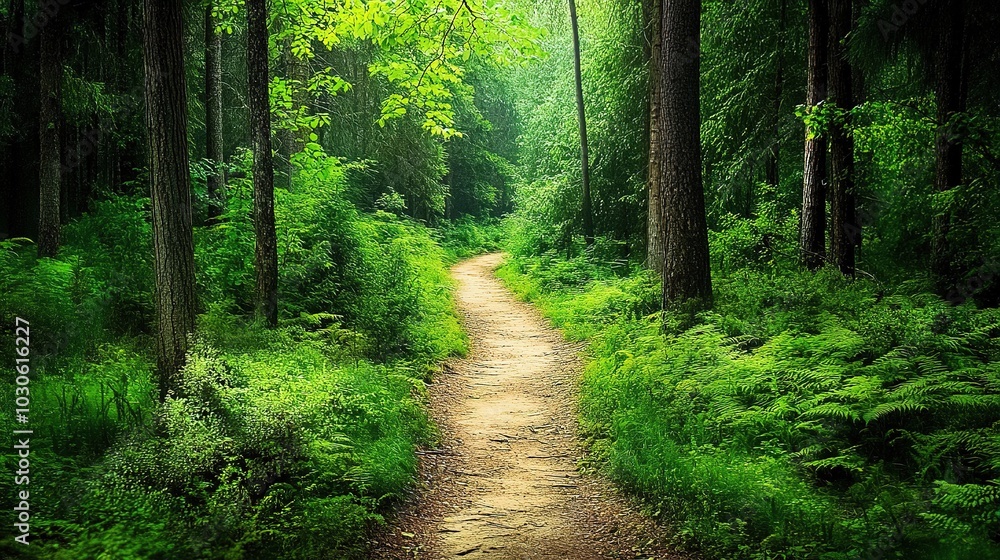 A serene forest path surrounded by lush ferns and towering trees in a tranquil woodland area during daylight A serene forest path surrounded by lush ferns and towering trees in a tranquil woodland area during daylight