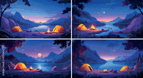 Evening camp cartoon vector concepts. Flame campfire tents stones boulders rocks river coast, tourist camping stuff lake shore, wanderer disk halt mountains night horizon moonlight landscape artworks