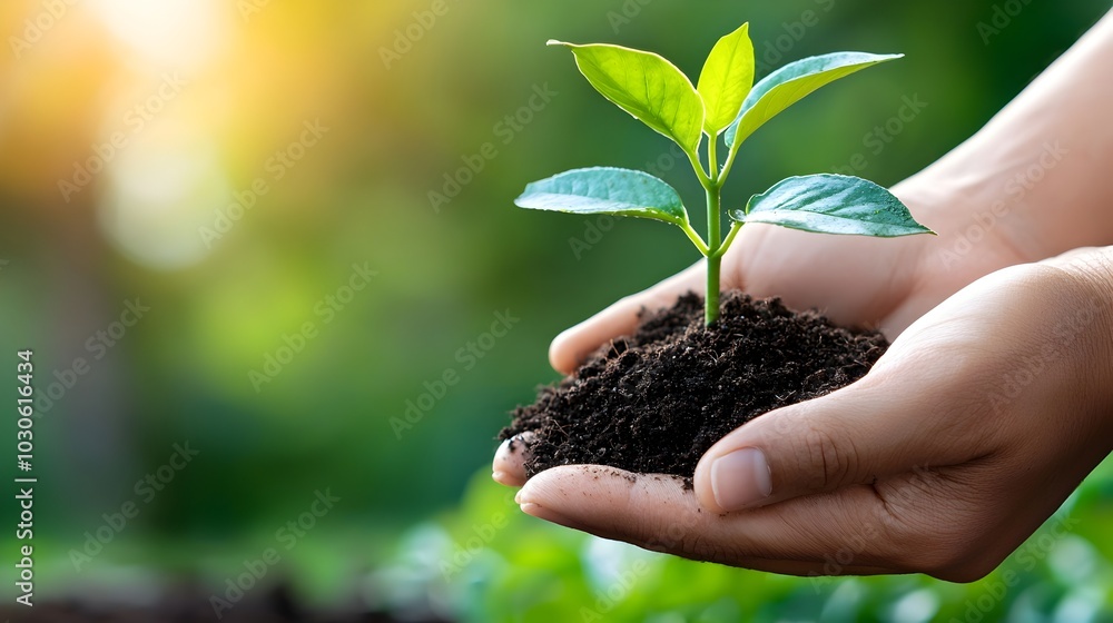 Hands gently holding a small plant in soil symbolizing sustainability environmental consciousness and the importance of eco friendly practices in climate action Hands gently holding a small plant in soil symbolizing sustainability environmental consciousness and the importance of eco friendly practices in climate action