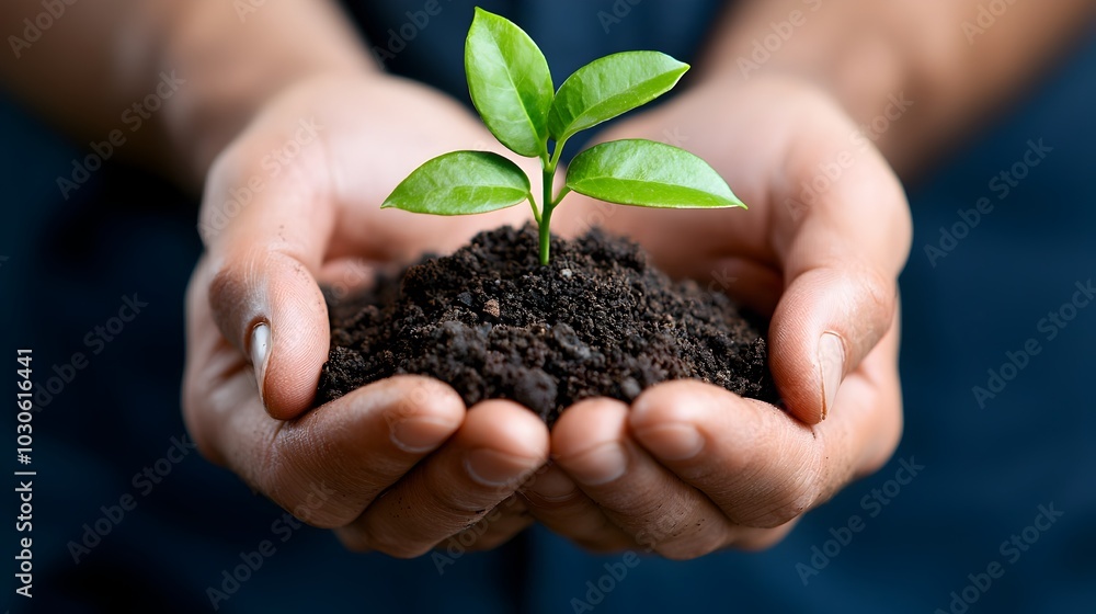 Hands Holding Small Plant in Soil Representing Eco Friendly Practices and Climate Action