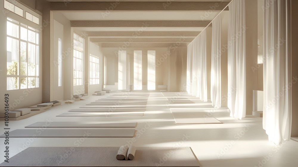 101. A bright and airy yoga studio with empty mats laid out 101. A bright and airy yoga studio with empty mats laid out