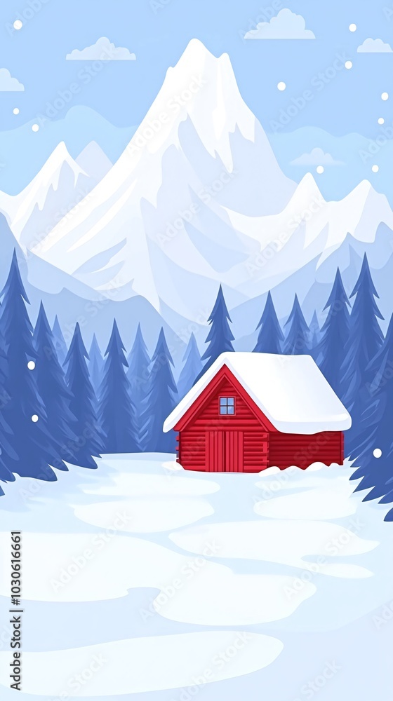 Fototapeta premium A red cabin sits nestled in a snowy forest with a majestic mountain peak in the background.