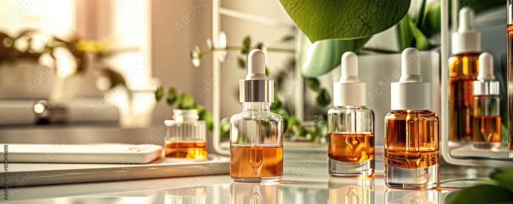 Aesthetic display of skincare serum bottles with natural greenery and soft lighting reflections Aesthetic display of skincare serum bottles with natural greenery and soft lighting reflections