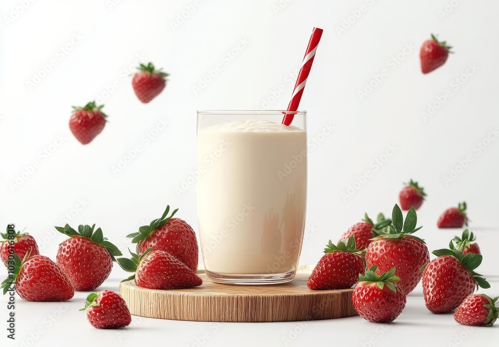 Delicious creamy milkshake topped with fresh strawberries and a straw on a wooden platform Delicious creamy milkshake topped with fresh strawberries and a straw on a wooden platform