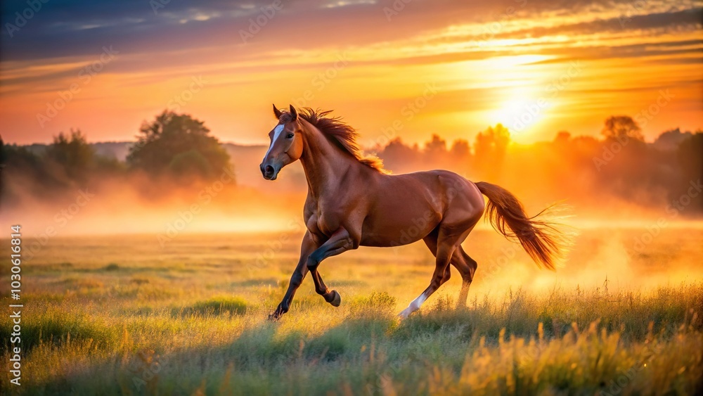 Horse galloping in meadow at sunrise with tilted angle Horse galloping in meadow at sunrise with tilted angle