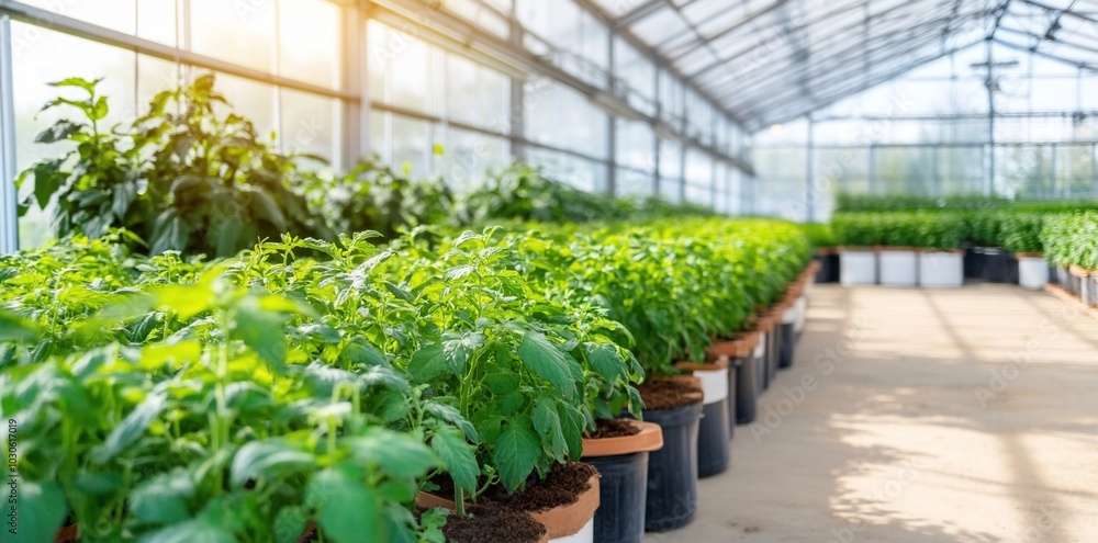 A greenhouse filled with thriving potted plants and greenery. A greenhouse filled with thriving potted plants and greenery.