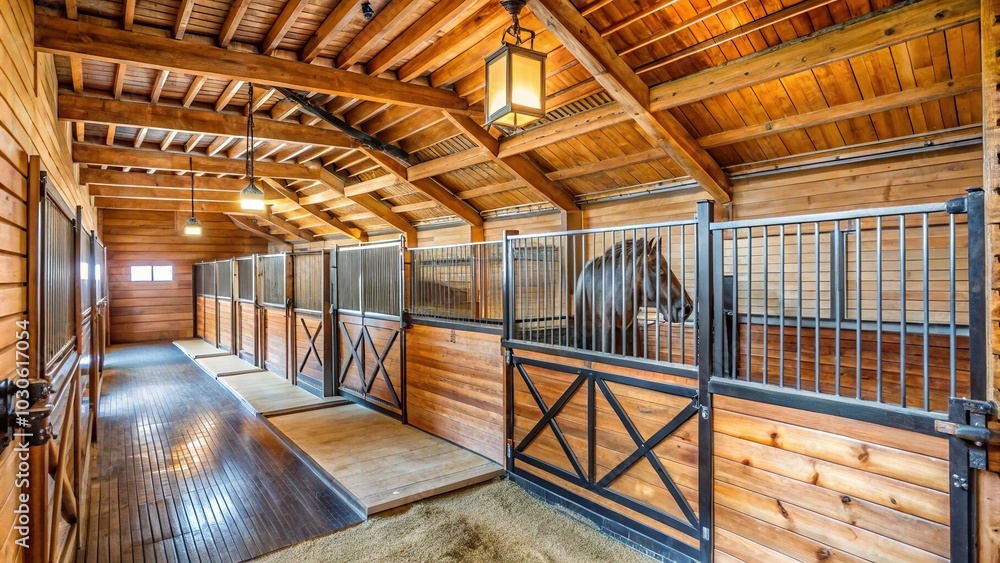 Horse stable stall inside wooden house, high angle view Horse stable stall inside wooden house, high angle view