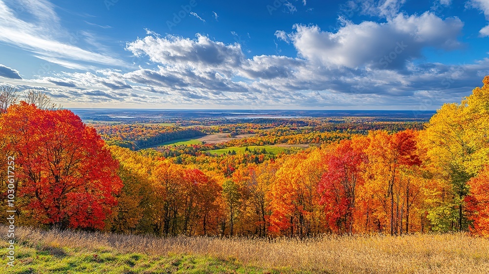 Fototapeta premium Vibrant fall foliage overlooking a lush valley under a cloudy sky in autumn during the afternoon