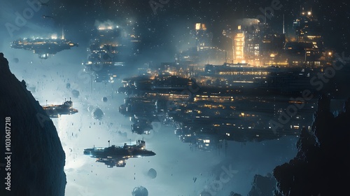 Fototapeta Naklejka Na Ścianę i Meble -  A futuristic city built into massive asteroids, with retro-futuristic spaceships docking at floating stations in the void of space