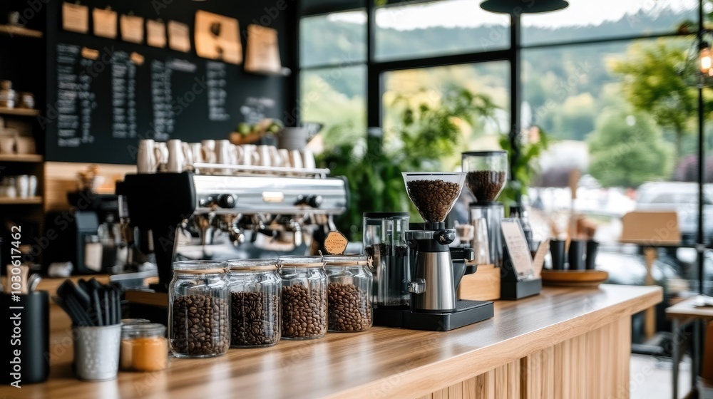 Glass jars filled with coffee beans adorn the counter of a contemporary coffee shop, which features large windows showcasing a stunning forest and mountain backdrop Glass jars filled with coffee beans adorn the counter of a contemporary coffee shop, which features large windows showcasing a stunning forest and mountain backdrop