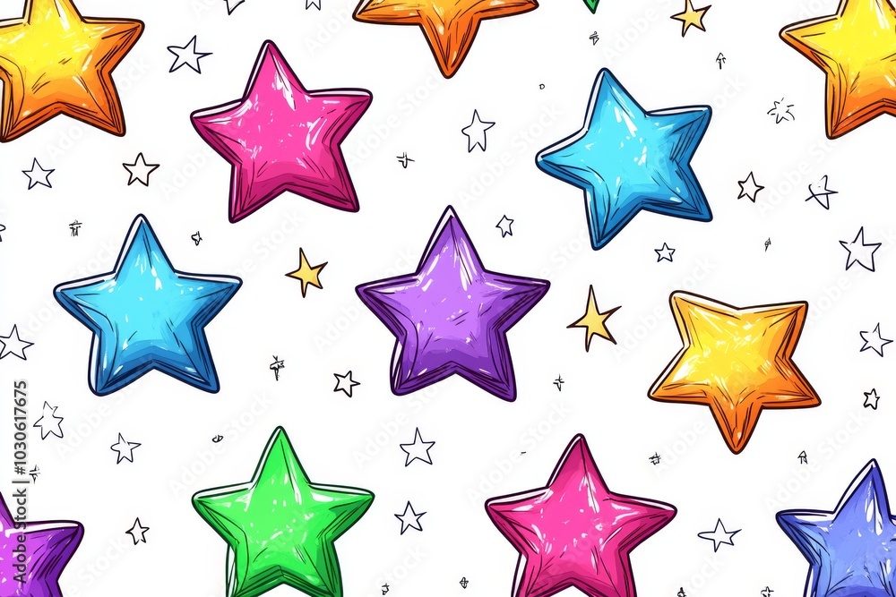 Vibrant metallic star shapes in rainbow colors scattered randomly on a white background creating a playful and energetic composition with glossy high contrast textures Vibrant metallic star shapes in rainbow colors scattered randomly on a white background creating a playful and energetic composition with glossy high contrast textures