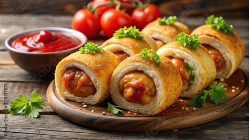 Hot and delicious chicken rolls with ketchup, medium shot