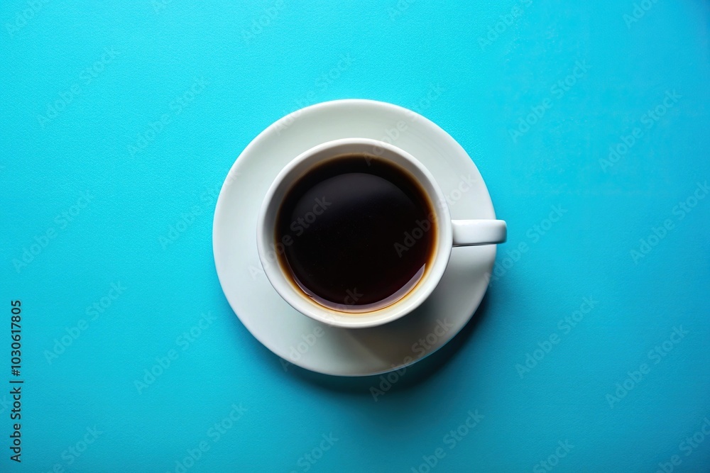 Hot black coffee in white cup on blue background, symmetrical composition Hot black coffee in white cup on blue background, symmetrical composition