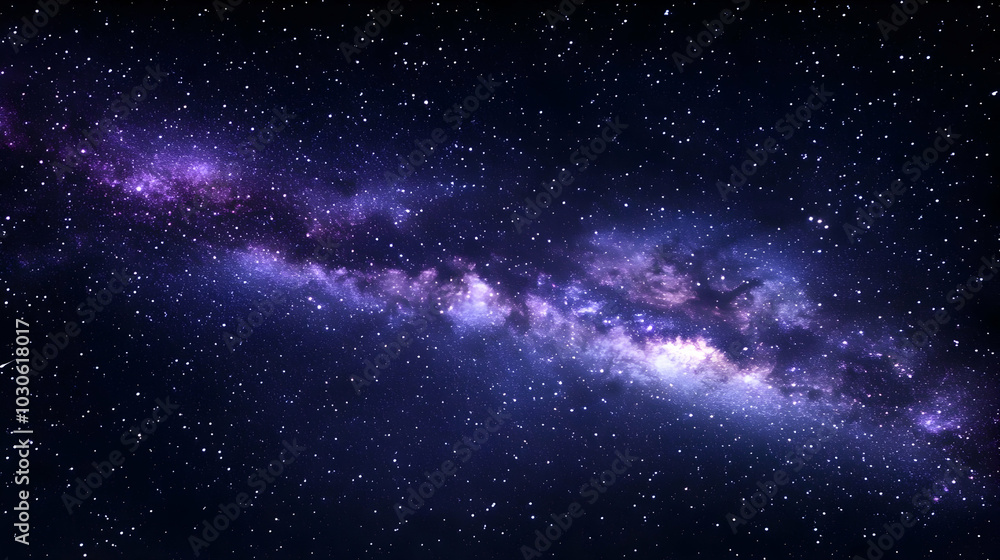 Obraz premium A Stunning View of the Milky Way Galaxy with a Band of Purple and Blue Hues, Adorned with a Scattered Starry Night Sky