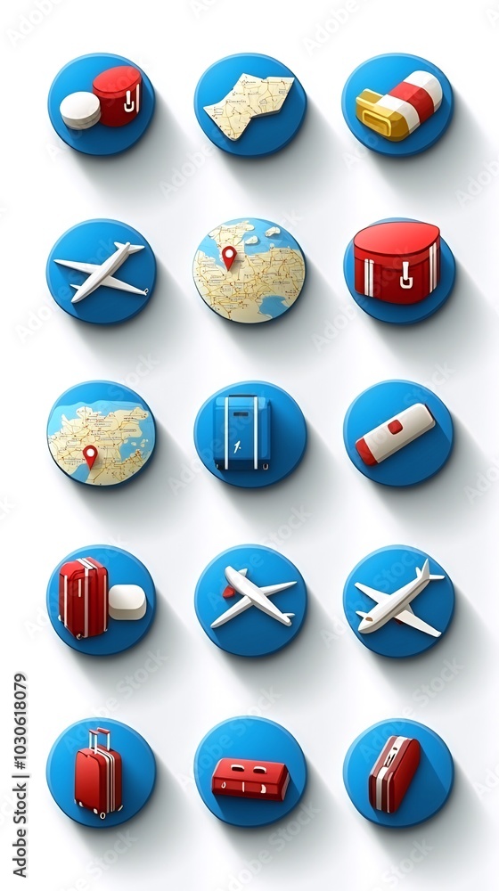 A set of 18 travel icons with a long shadow. A set of 18 travel icons with a long shadow.