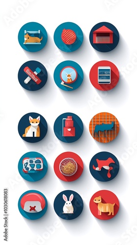 A set of colorful flat icons depicting various pet care items and activities, including a cat, a dog, a rabbit, a bowl of food photo