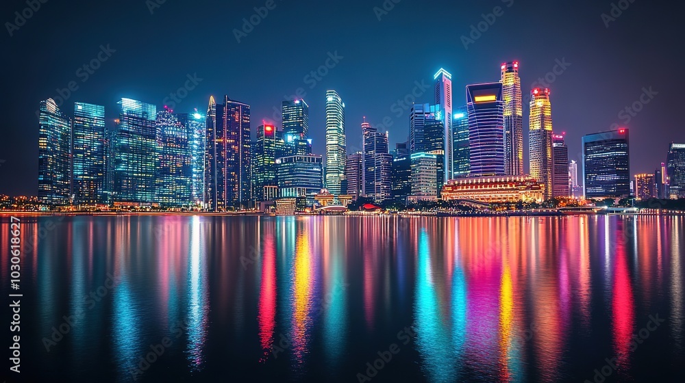 Fototapeta premium Vibrant cityscape of Shanghai at night with illuminated skyscrapers reflecting on the river water