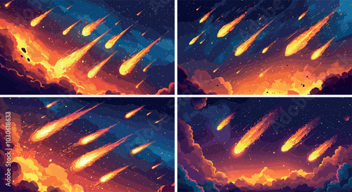 Falling meteors rain cartoon vector concepts. Flame space rocks asteroid shower burning boulders comet fireballs dropping dark cloudy atmosphere sky phenomenon illustrations