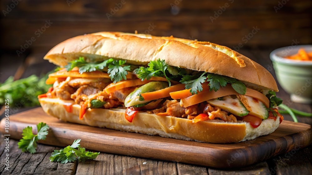 Hot steaming sandwich with chicken and orange sauce Bahn mi sloppy messy sandwich Hot steaming sandwich with chicken and orange sauce Bahn mi sloppy messy sandwich