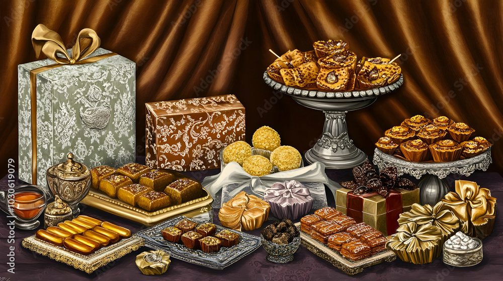 An assortment of elegant desserts and sweets displayed for a festive occasion. An assortment of elegant desserts and sweets displayed for a festive occasion.